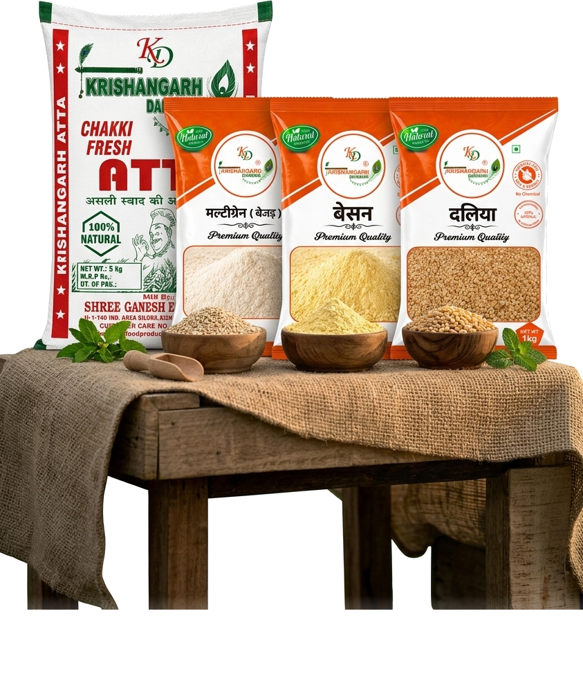 Krishangarh Darbaan Chakki Fresh Atta, Multigrain Bejad and Daliya packs in a wheat field