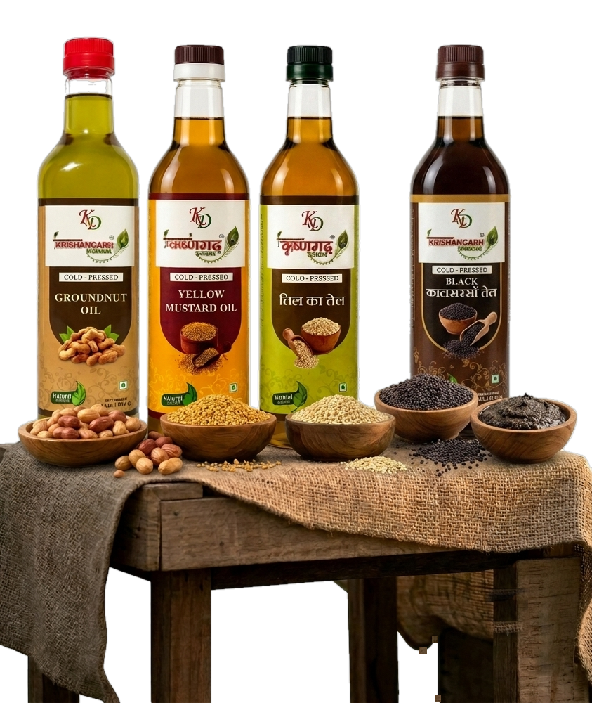 Krishangarh Darbaan cold pressed groundnut, yellow mustard and til oils with coriander powder